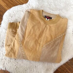 Vintage TORRAS Spain Suede Leather Patchwork Knit Sweater Mens Size 46 Camel Tan